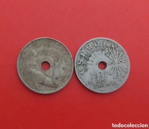 Monete con errori: LOTE MONEDAS 25 CENTIMOS (1934 MUJER RAMA OLIVO II REPÚBLICA - 1937 II AÑO TRIUNFAL error agujero)